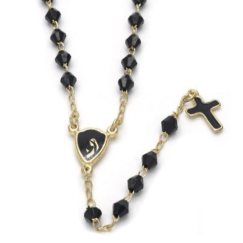 Rosario Fino 09.02.0038.18 Oro Laminado, Diseño de Virgen Maria y Cruz, Diseño de Virgen Maria, con Azavache Negro, Esmaltado Negro, Dorado