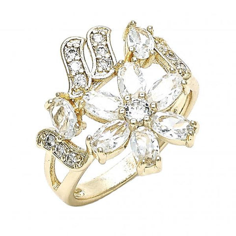 Anillo Multi Piedra 01.210.0092.07 Oro Laminado, Diseño de Flor, con Zirconia Cubica Blanca, Pulido, Dorado