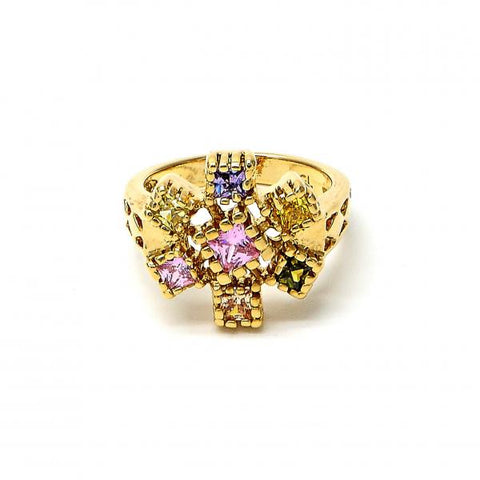 Anillo Multi Piedra 5.172.010.08 Oro Laminado, Diseño de Flor, con Zirconia Cubica Multicolor, Pulido, Dorado