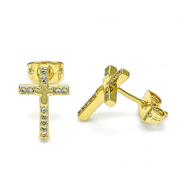 Arete Dormilona 02.342.0119 Oro Laminado, Diseño de Cruz, con Micro Pave Blanca, Pulido, Dorado