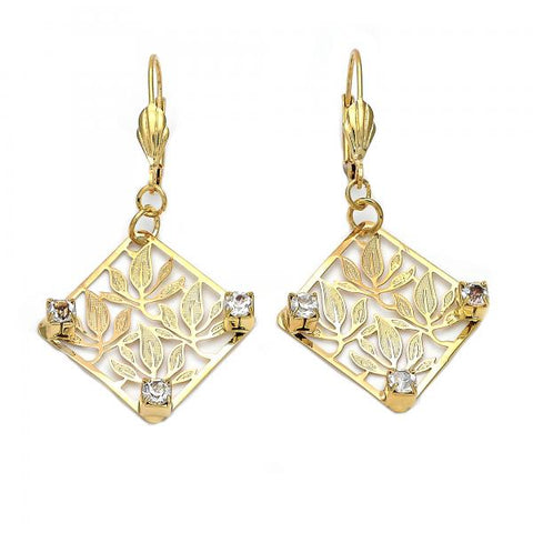 Arete Colgante 89.009 Oro Laminado, Diseño de Oja, con Zirconia Cubica Blanca, Diamantado, Dorado