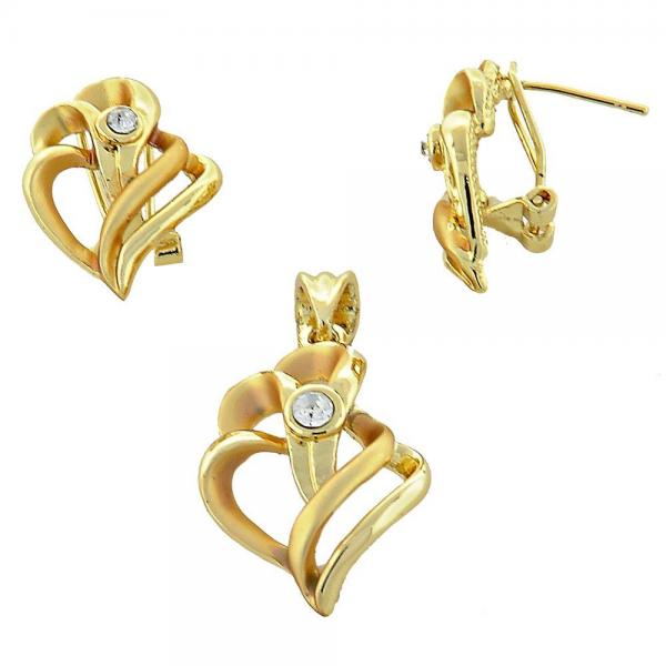 Juego de Arete y Dije de Adulto 10.59.0170 Oro Laminado, Diseño de Corazon, con Cristal Blanca, Mate, Dorado