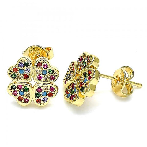 Arete Dormilona 02.233.0005 Oro Laminado, Diseño de Trebol de Cuatro Hojas, con Micro Pave Multicolor, Pulido, Dorado