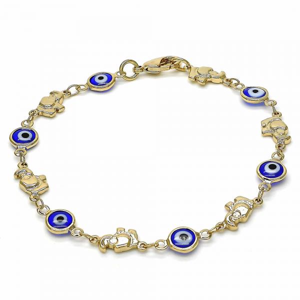 Pulsera Elegante 03.326.0010.2.08 Oro Laminado, Diseño de Ojo Griego y Elefante, Diseño de Ojo Griego, Resinado Azul, Dorado