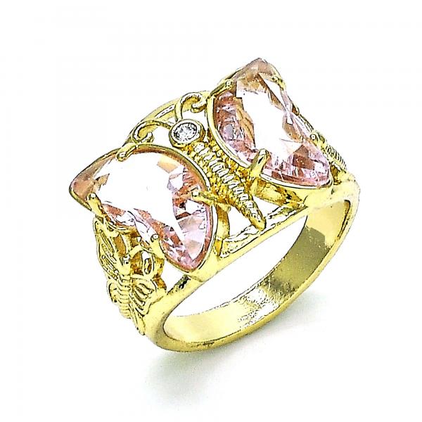 Anillo Multi Piedra 01.380.0031.08 Oro Laminado, Diseño de Mariposa, con Zirconia Cubica Rosado y Blanca, Pulido, Dorado