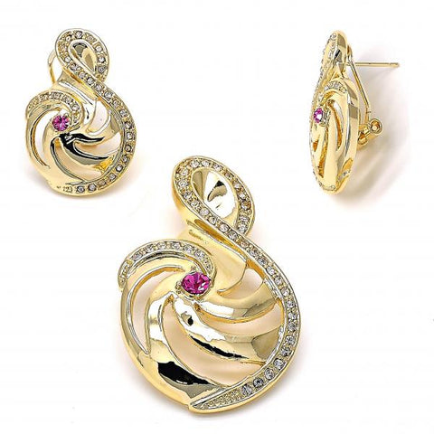 Juego de Arete y Dije de Adulto 10.59.0142.2 Oro Laminado, Diseño de Nota Musical, con Zirconia Cubica Fucsia y Blanca, Pulido, Dorado