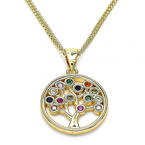 Collares con Dije 04.156.0386.1.20 Oro Laminado, Diseño de Arbol, con Zirconia Cubica Multicolor, Pulido, Dorado