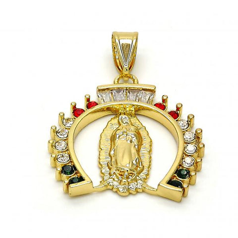 Dije Religioso 05.253.0007 Oro Laminado, Diseño de Guadalupe, con Zirconia Cubica Blanca y CristalMulticolor, Pulido, Dorado