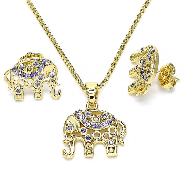 Juego de Arete y Dije de Adulto 10.316.0020.4 Oro Laminado, Diseño de Elefante, con Micro Pave Amatista, Pulido, Dorado
