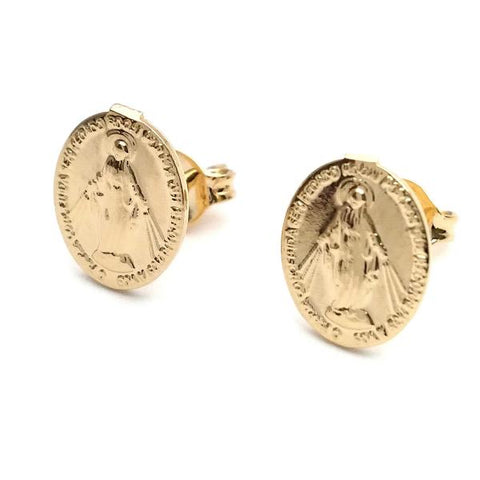 Arete Dormilona 02.58.0027 Oro Laminado, Diseño de Altagracia y Virgen Maria, Diseño de Altagracia, Pulido, Dorado