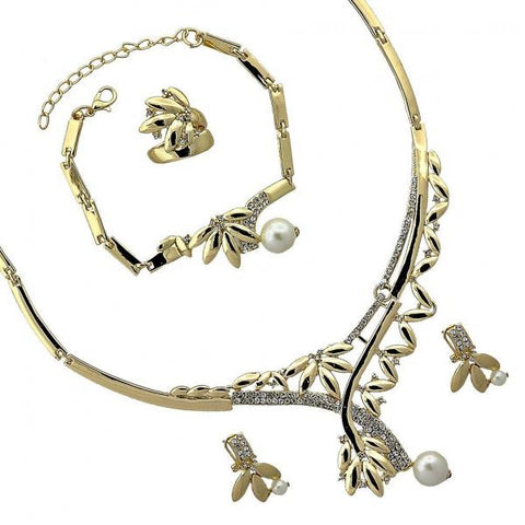Collar, Pulso, Arete y Anillo 06.191.0058 Oro Laminado, Diseño de Oja, con Cristal , Dorado