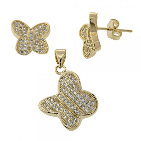 Juego de Arete y Dije de Adulto 10.166.0003 Oro Laminado, Diseño de Mariposa, con Micro Pave Blanca, Pulido, Dorado