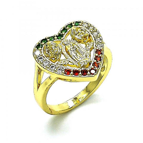 Anillo Multi Piedra 01.380.0028.1.08 Oro Laminado, Diseño de Guadalupe y Corazon, Diseño de Guadalupe, con Zirconia Cubica Multicolor, Pulido, Dorado