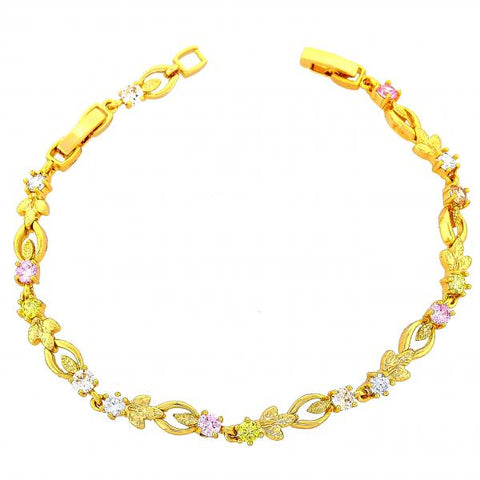 Pulsera Elegante 03.60.0020 Oro Laminado, Diseño de Oja y Flor, Diseño de Oja, con Zirconia Cubica Multicolor, Diamantado, Dorado