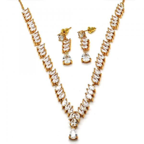 Collar y Arete 06.205.0005 Oro Laminado, Diseño de Gota, con Zirconia Cubica Blanca, Pulido, Dorado