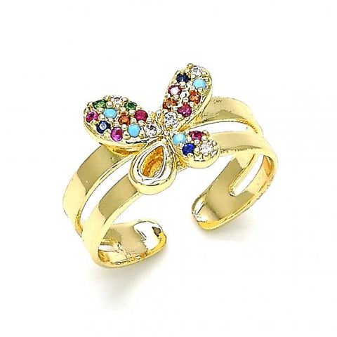 Anillo Infantil 01.233.0017.2 Oro Laminado, Diseño de Mariposa, con Micro Pave Multicolor, Pulido, Dorado