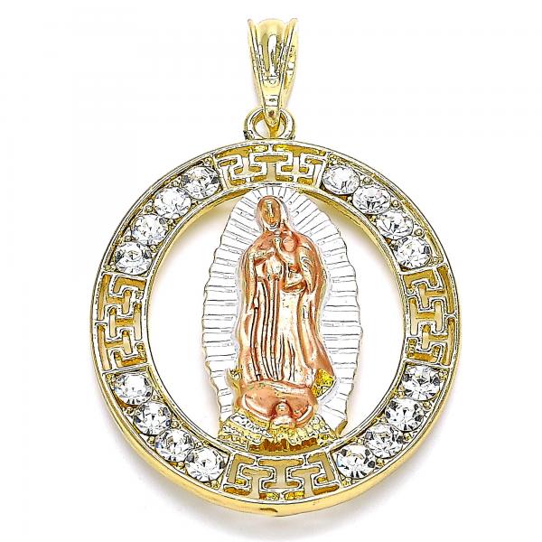 Dije Religioso 05.380.0036 Oro Laminado, Diseño de Guadalupe y Llave Griega, Diseño de Guadalupe, con Cristal Blanca, Pulido, Tricolor