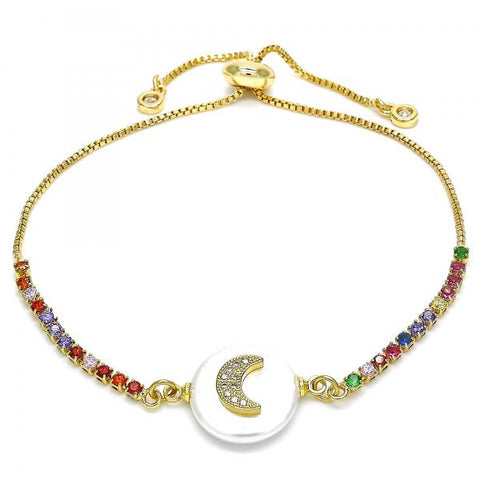 Pulsera Bolo Ajustable 03.63.2120.10 Oro Laminado, Diseño de Luna, con Zirconia Cubica Blanca y Multicolor, Pulido, Dorado