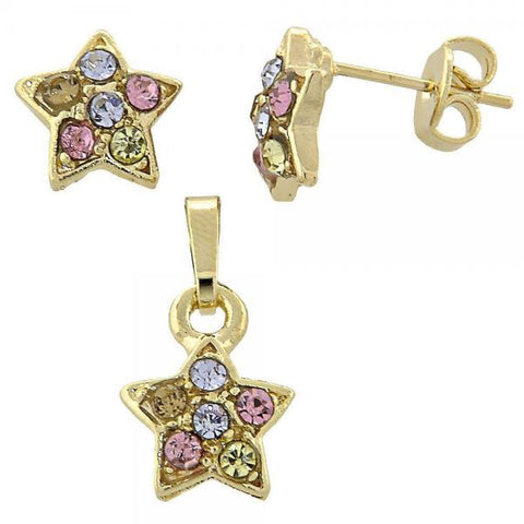 Juego de Arete y Dije de Adulto 10.164.0018.1 Oro Laminado, Diseño de Estrella, con Cristal Multicolor, Pulido, Dorado