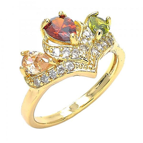 Anillo Multi Piedra 01.221.0007.1.08 Oro Laminado, Diseño de Gota, con Zirconia Cubica Multicolor, Pulido, Dorado