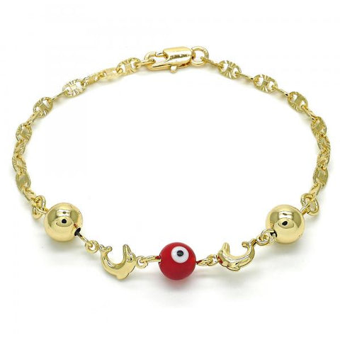 Pulsera Elegante 03.63.1904.1.08 Oro Laminado, Diseño de Delfin y Ojo Griego, Diseño de Delfin, Resinado Rojo, Dorado