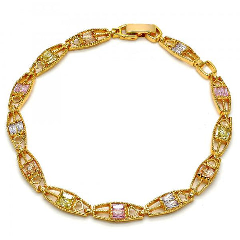 Pulsera Elegante 03.60.0033.08 Oro Laminado, Diseño de Corazon, con Zirconia Cubica Multicolor, Diamantado, Dorado