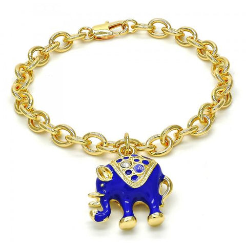 Pulsera de Dije 03.179.0001.3.07 Oro Laminado, Diseño de Elefante y Rolo, Diseño de Elefante, con Cristal Blanca, Esmaltado Azul, Dorado