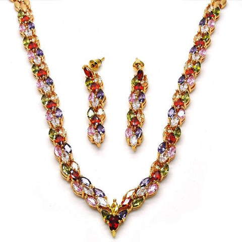 Collar y Arete 06.205.0009 Oro Laminado, con Zirconia Cubica Multicolor, Pulido, Dorado