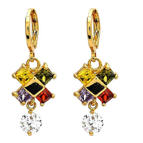 Arete Largo 02.217.0006 Oro Laminado, con Zirconia Cubica Multicolor y Blanca, Pulido, Dorado