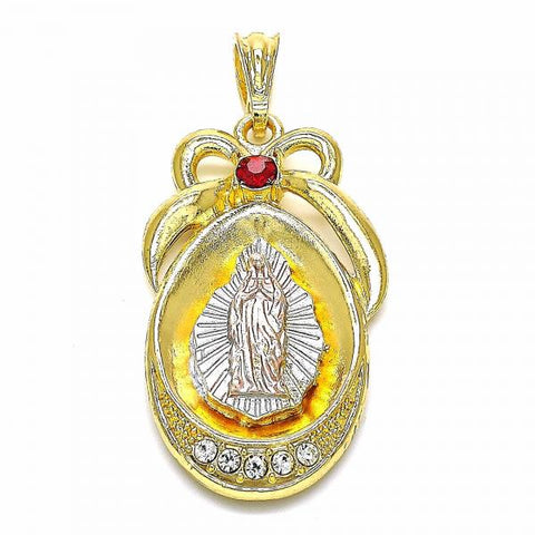 Dije Religioso 05.351.0046 Oro Laminado, Diseño de Guadalupe y Gota, Diseño de Guadalupe, con Cristal Granate y Blanca, Pulido, Tricolor