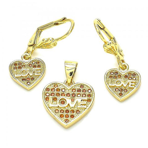 Juego de Arete y Dije de Adulto 10.342.0024.2 Oro Laminado, Diseño de Corazon y Amor, Diseño de Corazon, con Zirconia Cubica Granate, Pulido, Dorado