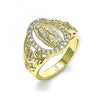 Anillo Multi Piedra 01.380.0025.07 Oro Laminado, Diseño de Guadalupe y Flor, Diseño de Guadalupe, con Zirconia Cubica Blanca, Pulido, Dorado