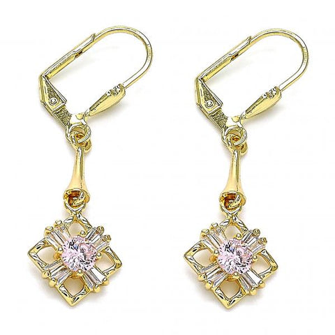 Arete Largo 02.387.0048 Oro Laminado, con Zirconia Cubica Rosado y Blanca, Pulido, Dorado