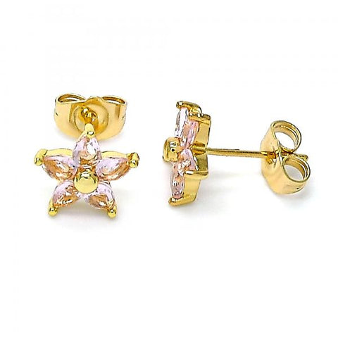 Arete Dormilona 02.310.0024.1 Oro Laminado, Diseño de Flor, con Zirconia Cubica Rosado, Pulido, Dorado