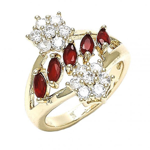 Anillo Multi Piedra 01.210.0096.1.07 Oro Laminado, Diseño de Flor, con Zirconia Cubica Rubi y Blanca, Pulido, Dorado
