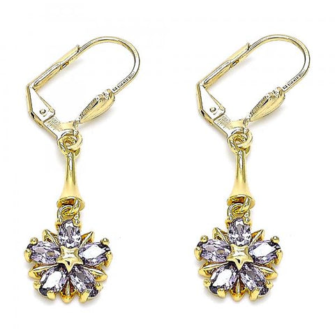 Arete Largo 02.387.0051.3 Oro Laminado, Diseño de Flor y Estrella, Diseño de Flor, con Zirconia Cubica Amatista, Pulido, Dorado