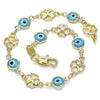 Pulsera Elegante 03.326.0011.3.08 Oro Laminado, Diseño de Ojo Griego y Trebol de Cuatro Hojas, Diseño de Ojo Griego, Resinado Turquesa, Dorado