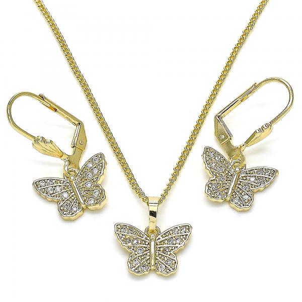 Juego de Arete y Dije de Adulto 10.284.0012 Oro Laminado, Diseño de Mariposa, con Micro Pave Blanca, Pulido, Tono Dorado