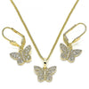 Juego de Arete y Dije de Adulto 10.284.0012 Oro Laminado, Diseño de Mariposa, con Micro Pave Blanca, Pulido, Dorado