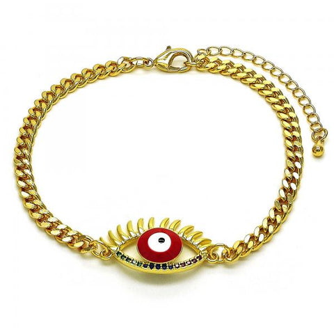 Pulsera Elegante 03.341.0175.2.08 Oro Laminado, Diseño de Ojo Griego, con Micro Pave Multicolor, Esmaltado Rojo, Dorado