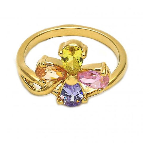 Anillo Multi Piedra 5.172.007.07 Oro Laminado, Diseño de Flor, con Zirconia Cubica Multicolor, Pulido, Dorado