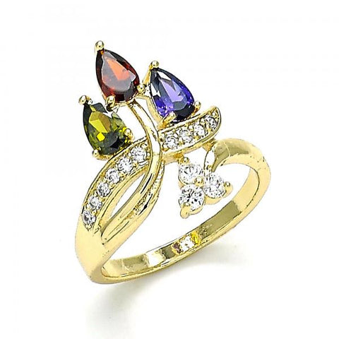 Anillo Multi Piedra 01.210.0138.08 Oro Laminado, Diseño de Gota, con Zirconia Cubica Multicolor y Micro PaveBlanca, Pulido, Dorado