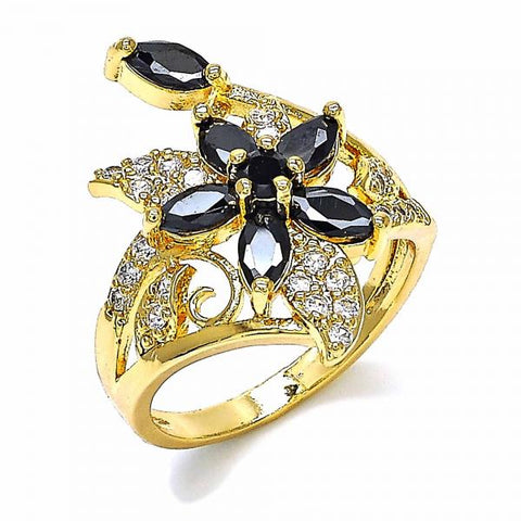 Anillo Multi Piedra 01.283.0010.07 Oro Laminado, Diseño de Flor, con Zirconia Cubica Negro y Blanca, Pulido, Dorado