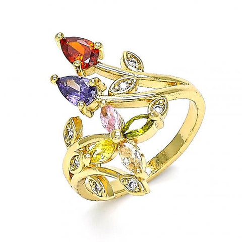 Anillo Multi Piedra 01.283.0025.07 Oro Laminado, Diseño de Flor y Oja, Diseño de Flor, con Zirconia Cubica Multicolor, Pulido, Dorado