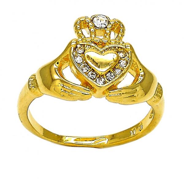 Anillo Multi Piedra 01.118.0057.06 Oro Laminado, Diseño de Corazon y Corona, Diseño de Corazon, con Cristal Blanca, Pulido, Dorado