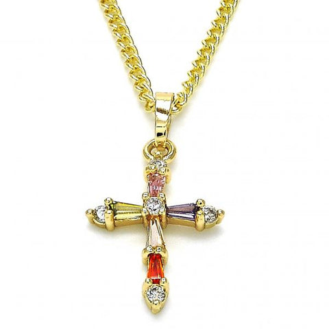 Collares con Dije 04.284.0009.3.20 Oro Laminado, Diseño de Cruz, con Zirconia Cubica Multicolor, Pulido, Dorado