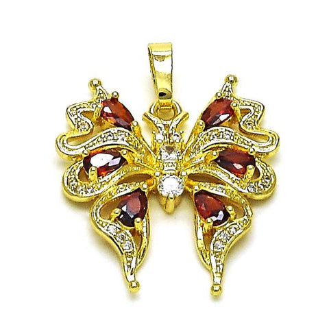Dije Elegante 05.284.0009.1 Oro Laminado, Diseño de Mariposa, con Zirconia Cubica Granate y Blanca, Pulido, Dorado