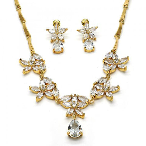 Collar y Arete 06.205.0003 Oro Laminado, Diseño de Flor y Gota, Diseño de Flor, con Zirconia Cubica Blanca, Pulido, Dorado