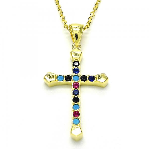 Collares con Dije 04.336.0082.2.16 Plata Rodinada, Diseño de Cruz, con Zirconia Cubica Multicolor, Pulido, Dorado