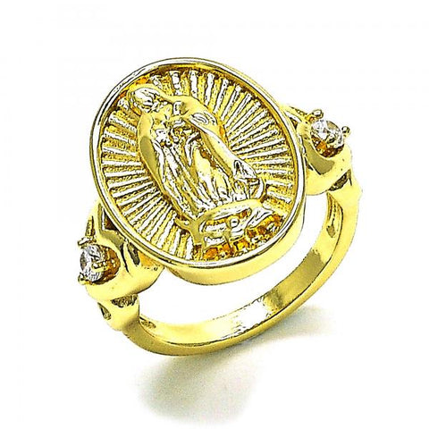 Anillo Multi Piedra 01.380.0030.08 Oro Laminado, Diseño de Guadalupe y Corazon, Diseño de Guadalupe, con Zirconia Cubica Blanca, Pulido, Dorado